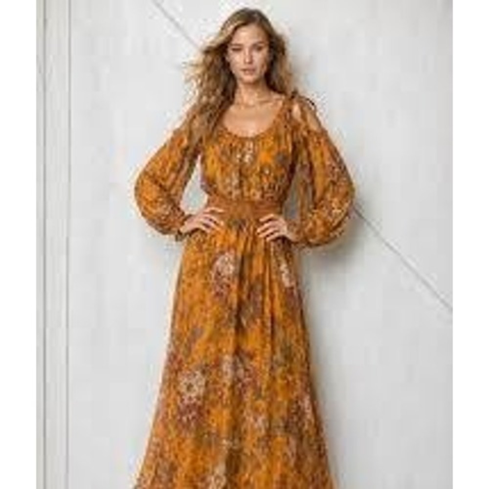 Moulinette Soeurs Cara Cara Dress Size 2 Orange 100% Silk Floral Cold Shoulder